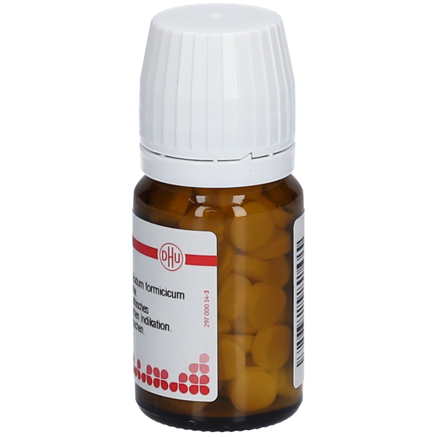 Braune Glasflasche mit weißem Deckel. Etikett mit Produktinformationen: Acidum formicicum D 12. Enthält Tabletten.