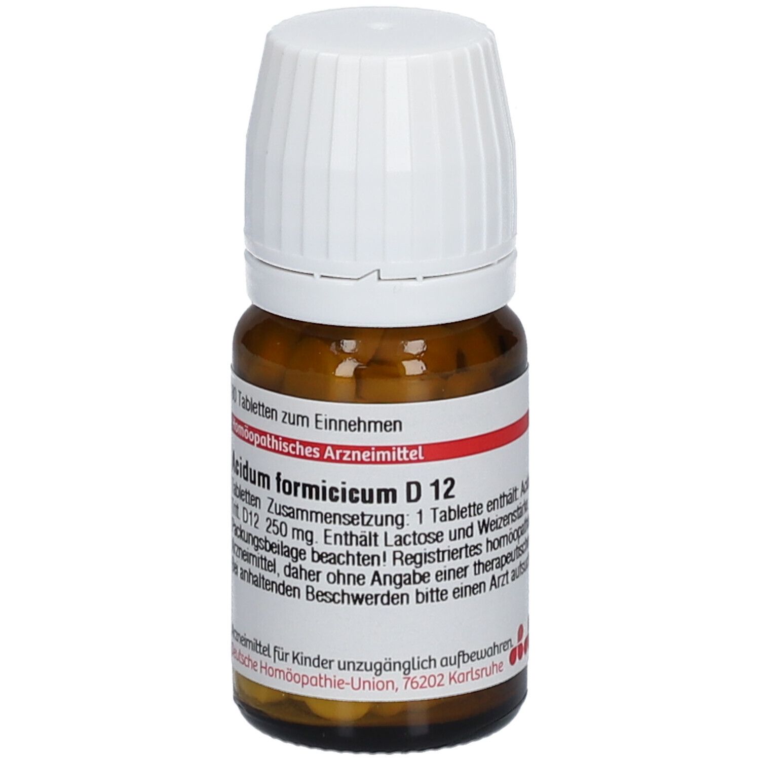 Braune Glasflasche mit weißem Deckel. Etikett mit Produktinformationen: Acidum formicicum D 12, 80 Tabletten.