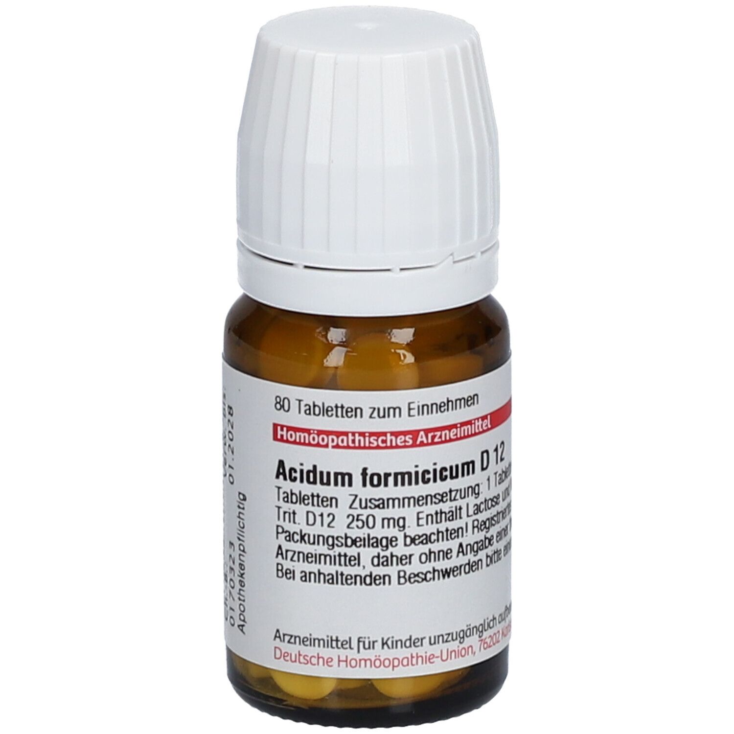 Braune Glasflasche mit weißem Deckel. Etikett mit Produktinformationen: Acidum formicicum D 12, 80 Tabletten.