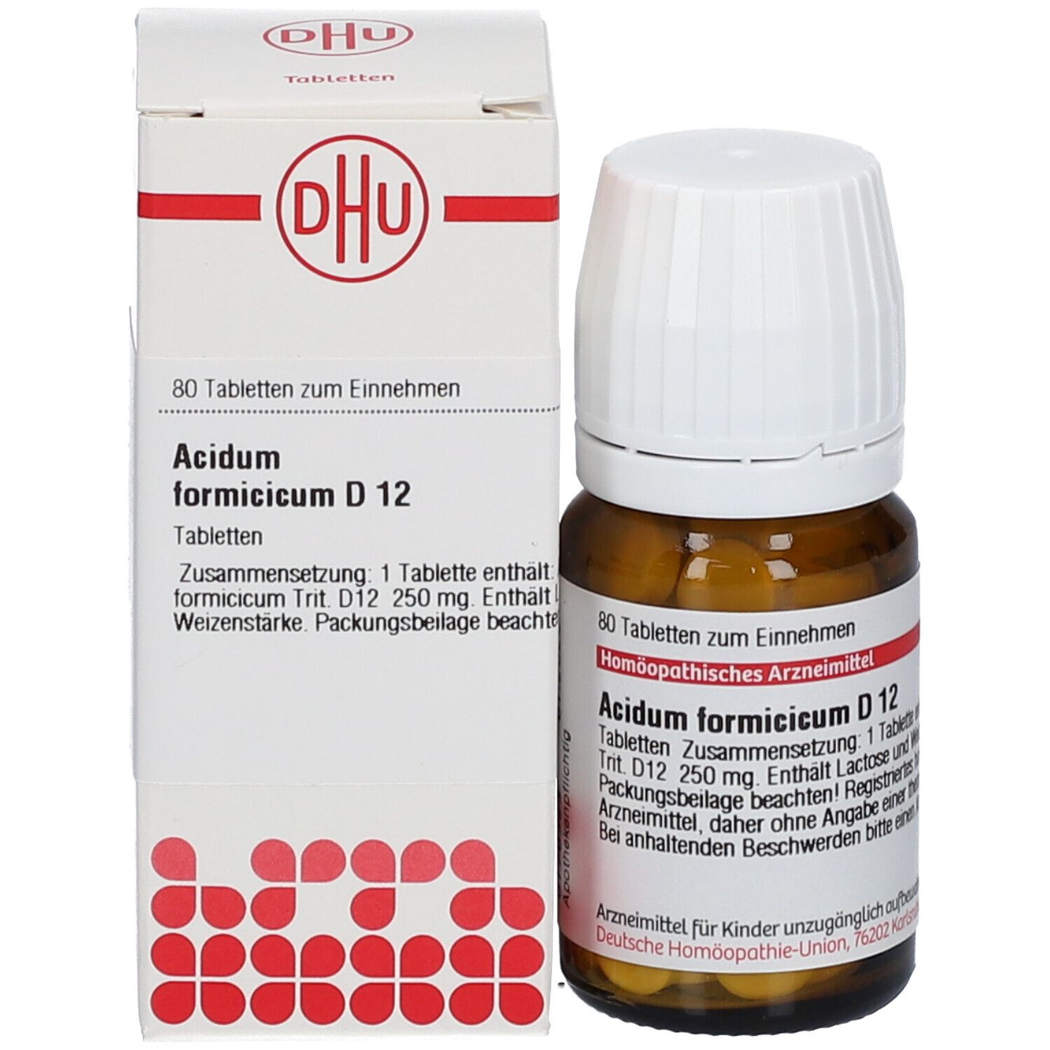 Produktverpackung mit Flasche und Karton. Flasche: braunes Glas, weißer Deckel. Karton: weiß, Produktinformationen.