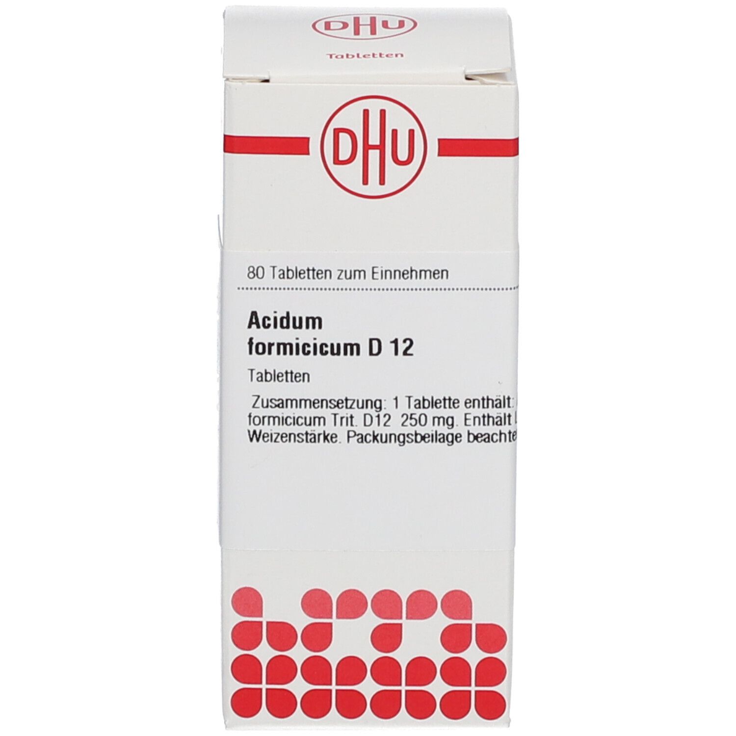 Weiße Produktverpackung. Aufdruck: DHU Logo, Produktname, Produktinformationen. Enthält 80 Tabletten.