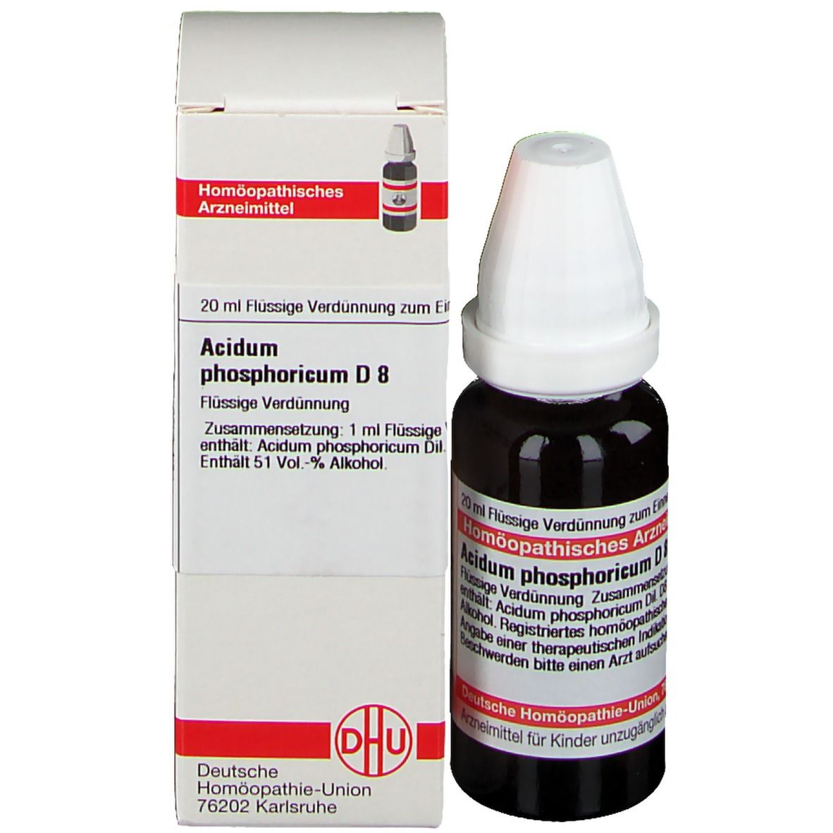 Produktverpackung mit Flasche. Beschriftung: DHU Acidum phosphoricum D8.