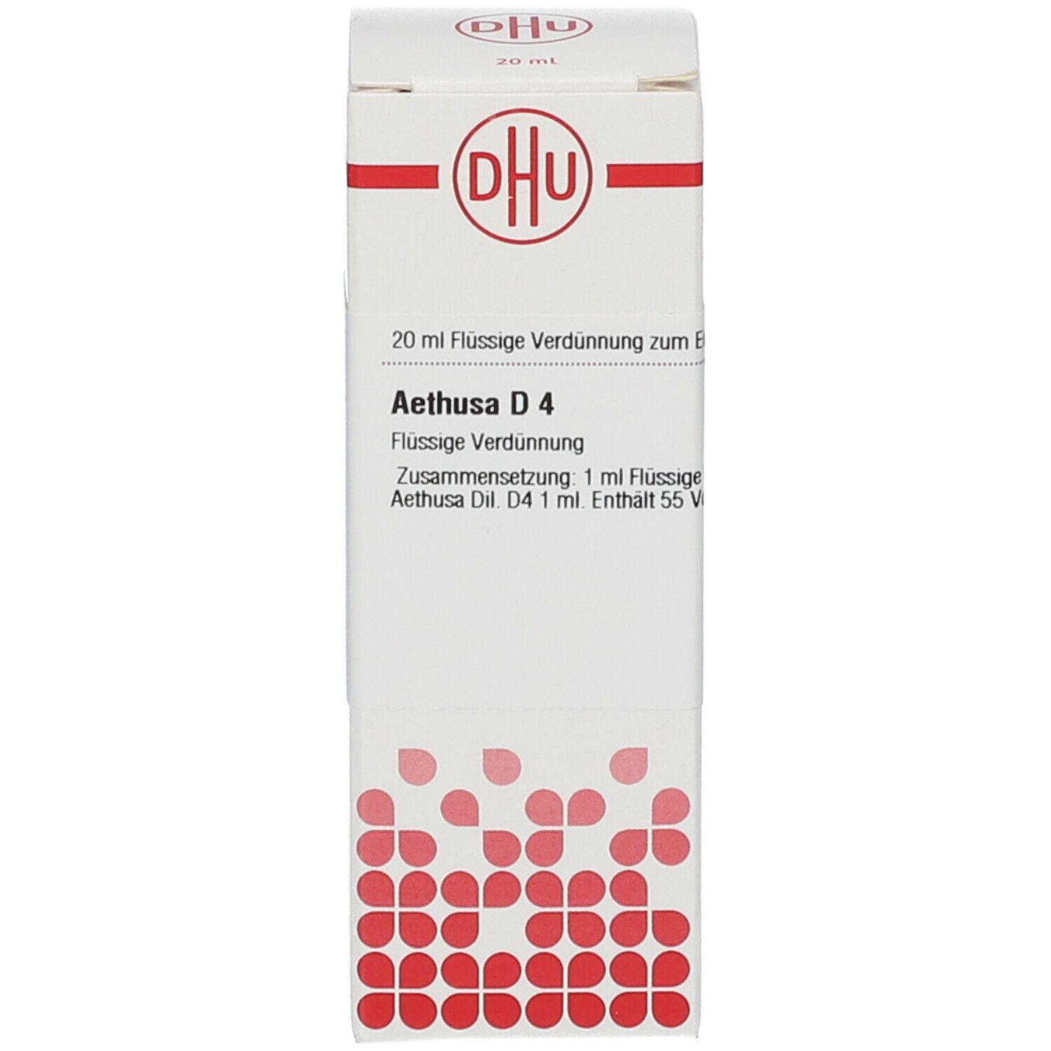 Weiße Verpackung mit rotem Logo DHU. Text: Aethusa D4, 20 ml flüssige Verdünnung.