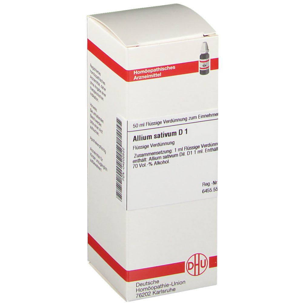 Weiße Schachtel mit roter Beschriftung. Aufschrift: Allium sativum D1. DHU-Logo. Flasche abgebildet.