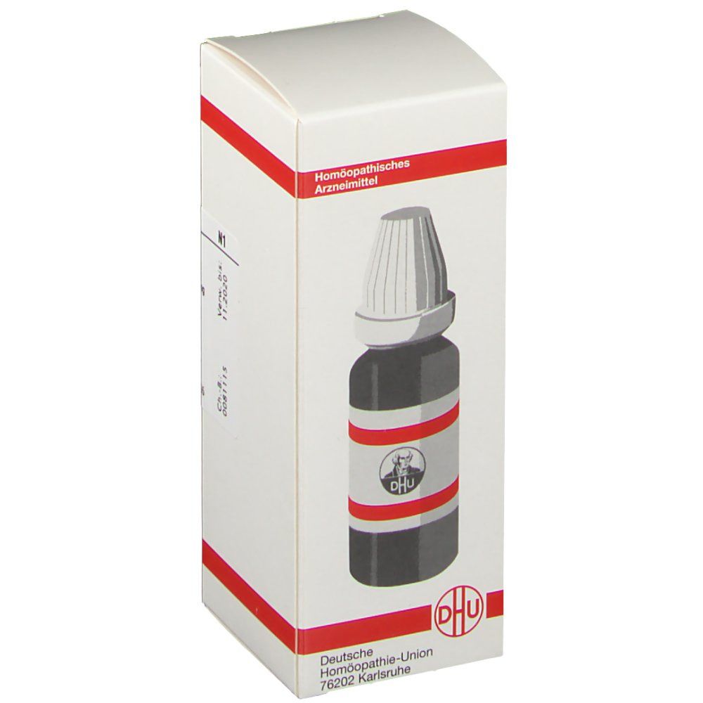 Weiße Schachtel mit roter Beschriftung. DHU-Logo. Flasche abgebildet.