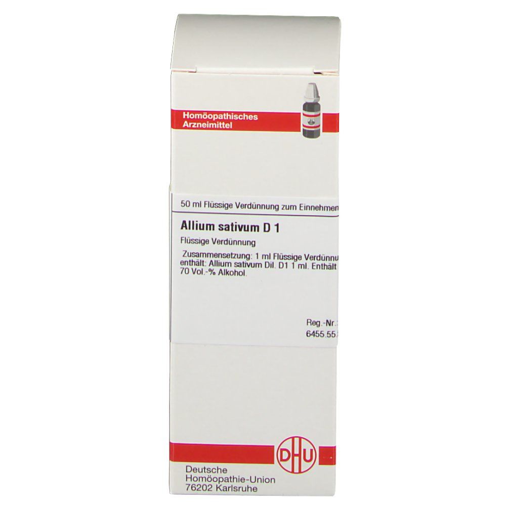 Weiße Schachtel mit roter Beschriftung. Aufschrift: Allium sativum D1. DHU-Logo. Flasche abgebildet.