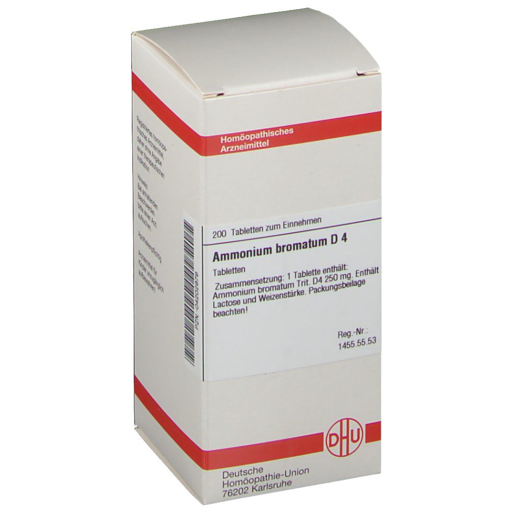 Weiße Schachtel mit roter Umrandung. Beschriftung: Ammonium bromatum D4, 200 Tabletten zum Einnehmen. Logo: DHU Deutsche Homöopathie-Union.