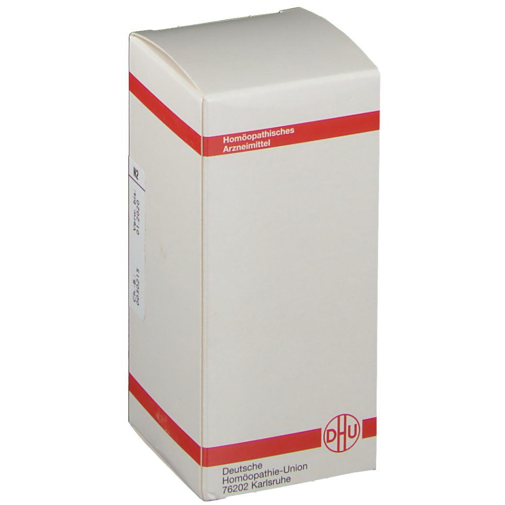 Weiße Schachtel mit roter Umrandung. Logo: DHU Deutsche Homöopathie-Union. Beschriftung: Homöopathisches Arzneimittel.