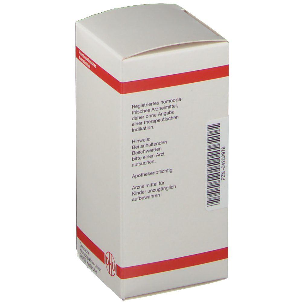 Weiße Schachtel mit roter Umrandung. Rückseite mit Text und Barcode. Logo: DHU Deutsche Homöopathie-Union.