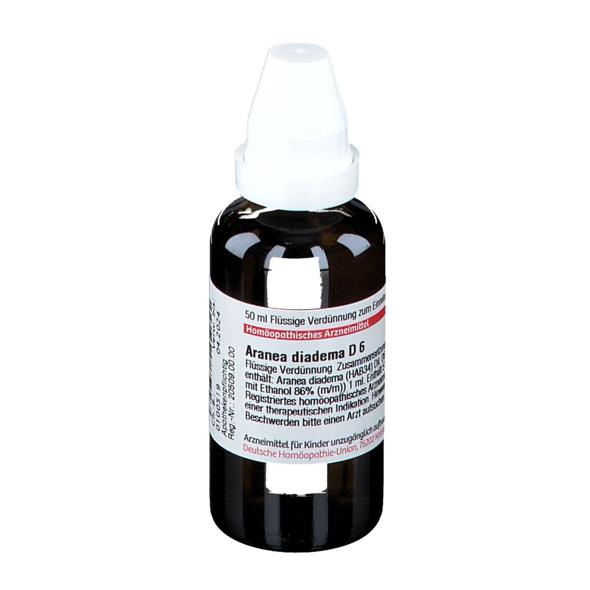 Braune Glasflasche mit weißem Verschluss. Etikett mit Produktinformationen: Aranea diadema D6. Deutsche Homöopathie-Union.