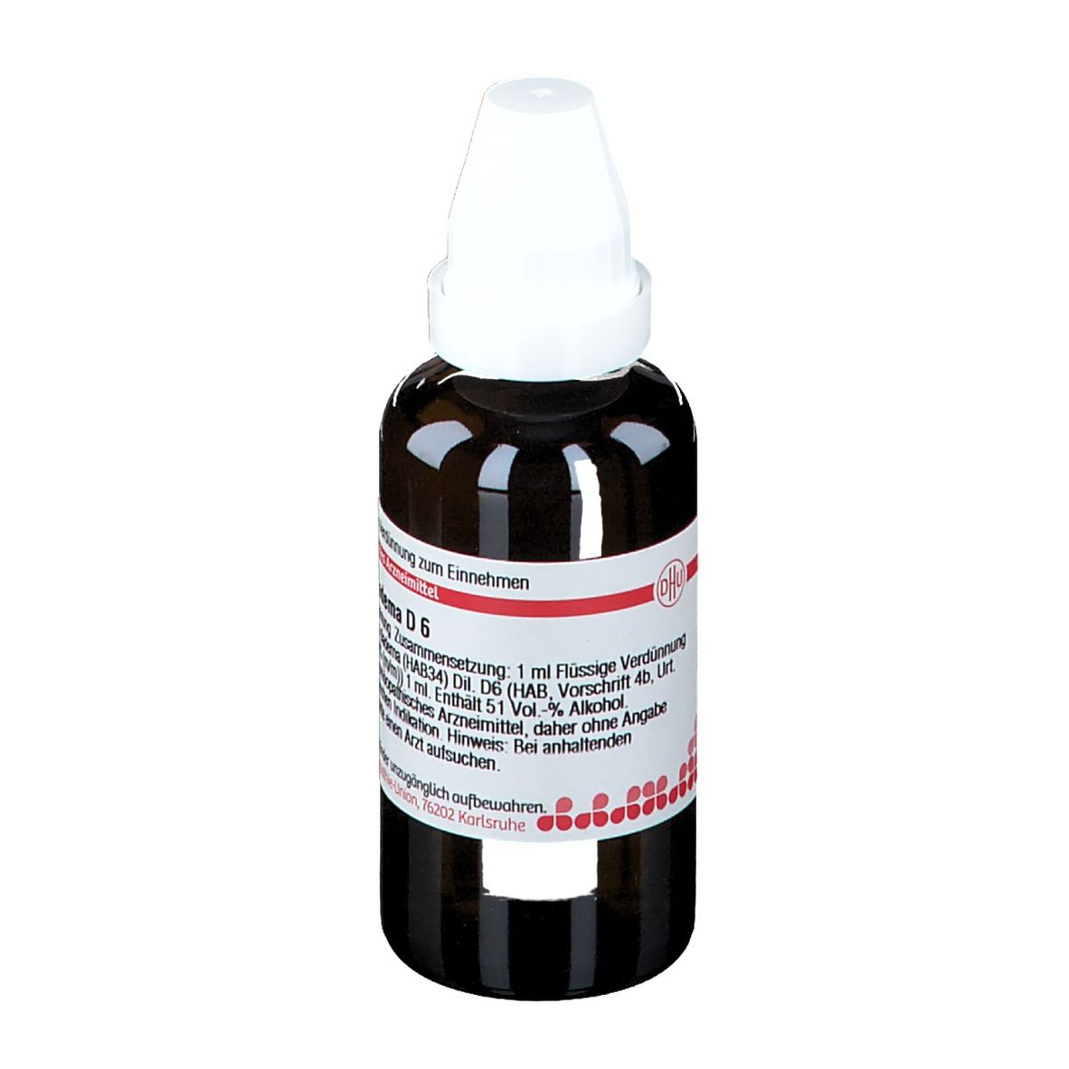 Braune Glasflasche mit weißem Verschluss. Etikett mit Produktinformationen: Aranea diadema D6. Deutsche Homöopathie-Union.