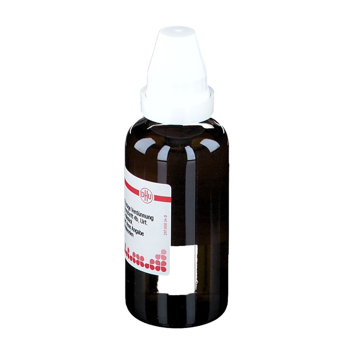 Braune Glasflasche mit weißem Verschluss. Etikett mit Produktinformationen. DHU-Logo. Homöopathisches Arzneimittel.