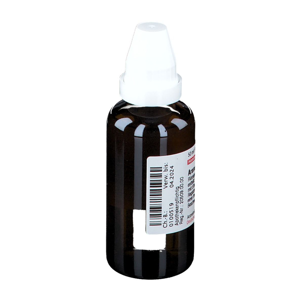 Braune Glasflasche mit weißem Verschluss. Etikett mit Produktinformationen und Verfallsdatum. DHU-Logo.