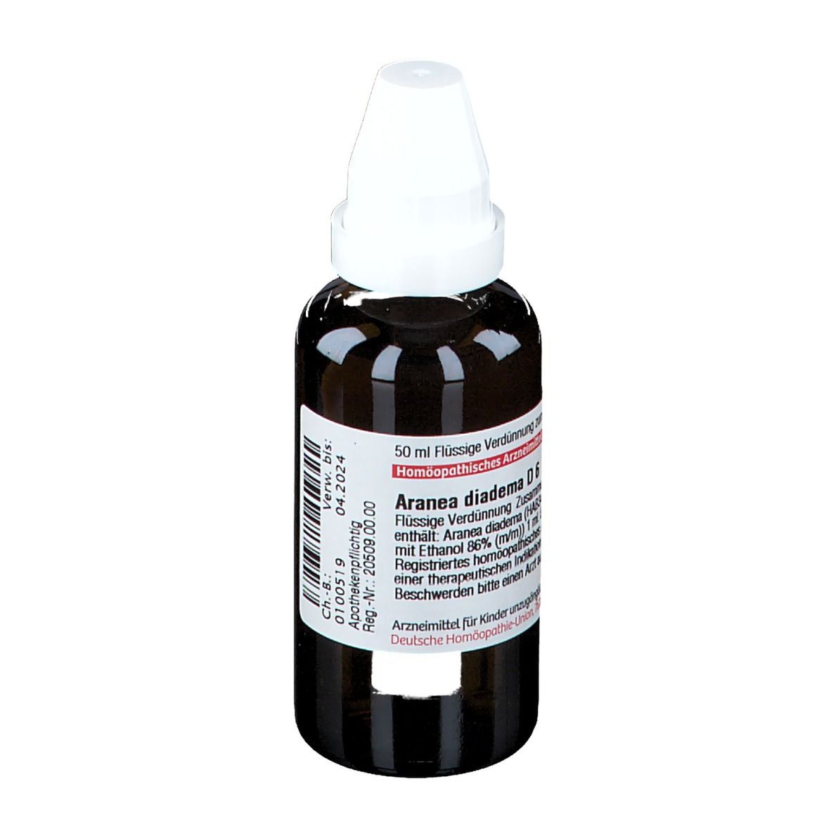Braune Glasflasche mit weißem Verschluss. Etikett mit Produktinformationen: Aranea diadema D6. DHU-Logo. 50 ml.