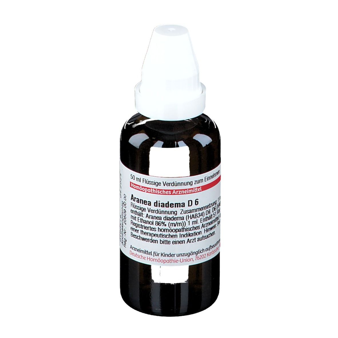 Braune Glasflasche mit weißem Verschluss. Etikett mit Produktinformationen: Aranea diadema D6. DHU-Logo. 50 ml.