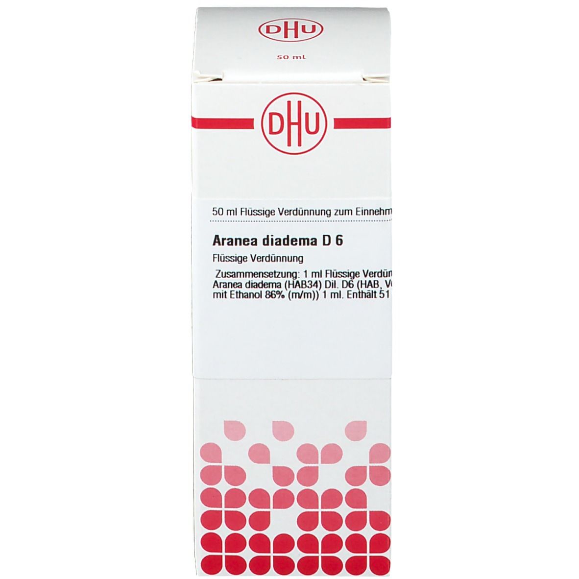 Weiße Produktverpackung mit DHU-Logo. Enthält: Aranea diadema D6. Flasche mit Tropfer. Homöopathisches Arzneimittel.