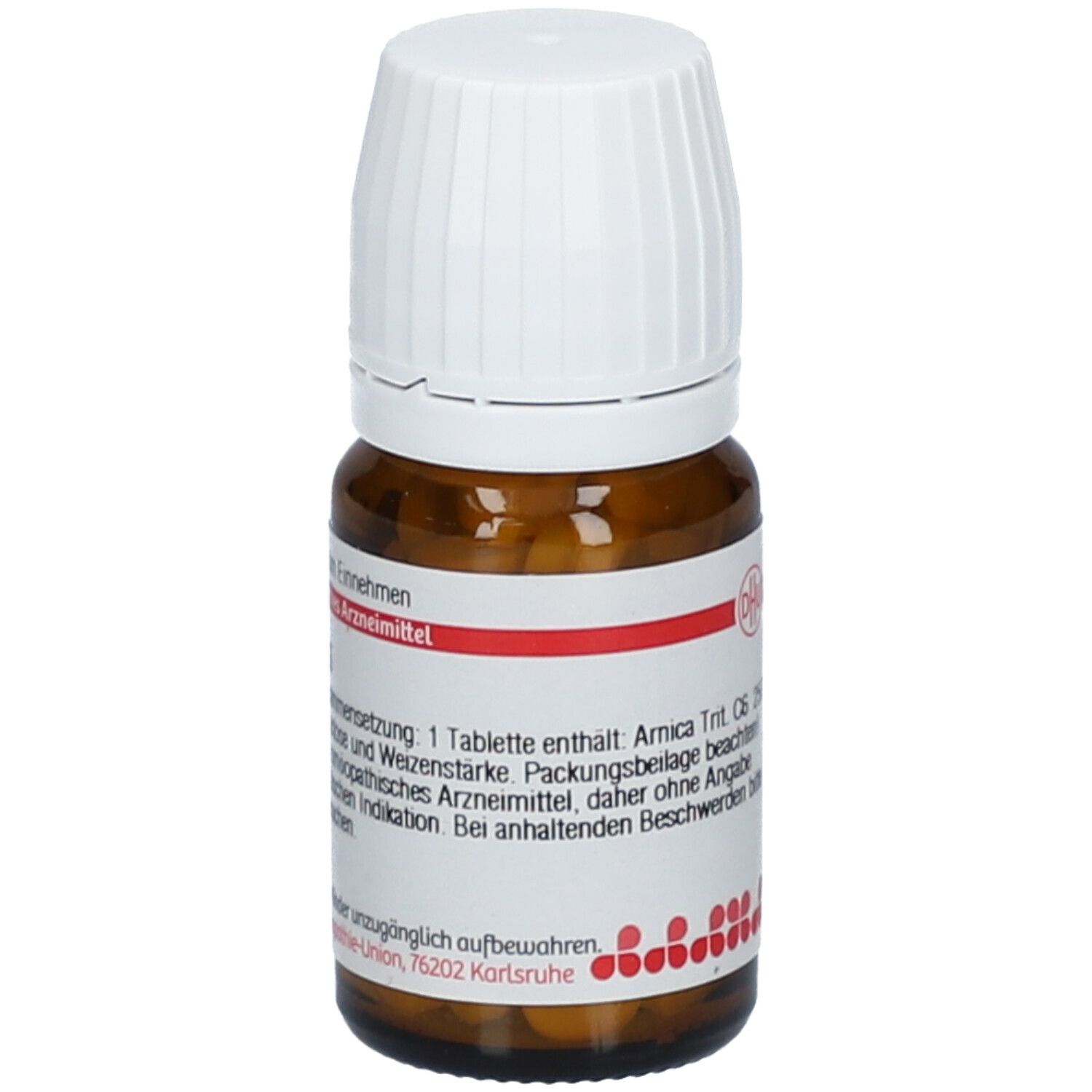 Braune Glasflasche mit weißen Deckel und Tabletten. Aufschrift: Homöopathisches Arzneimittel. DHU.