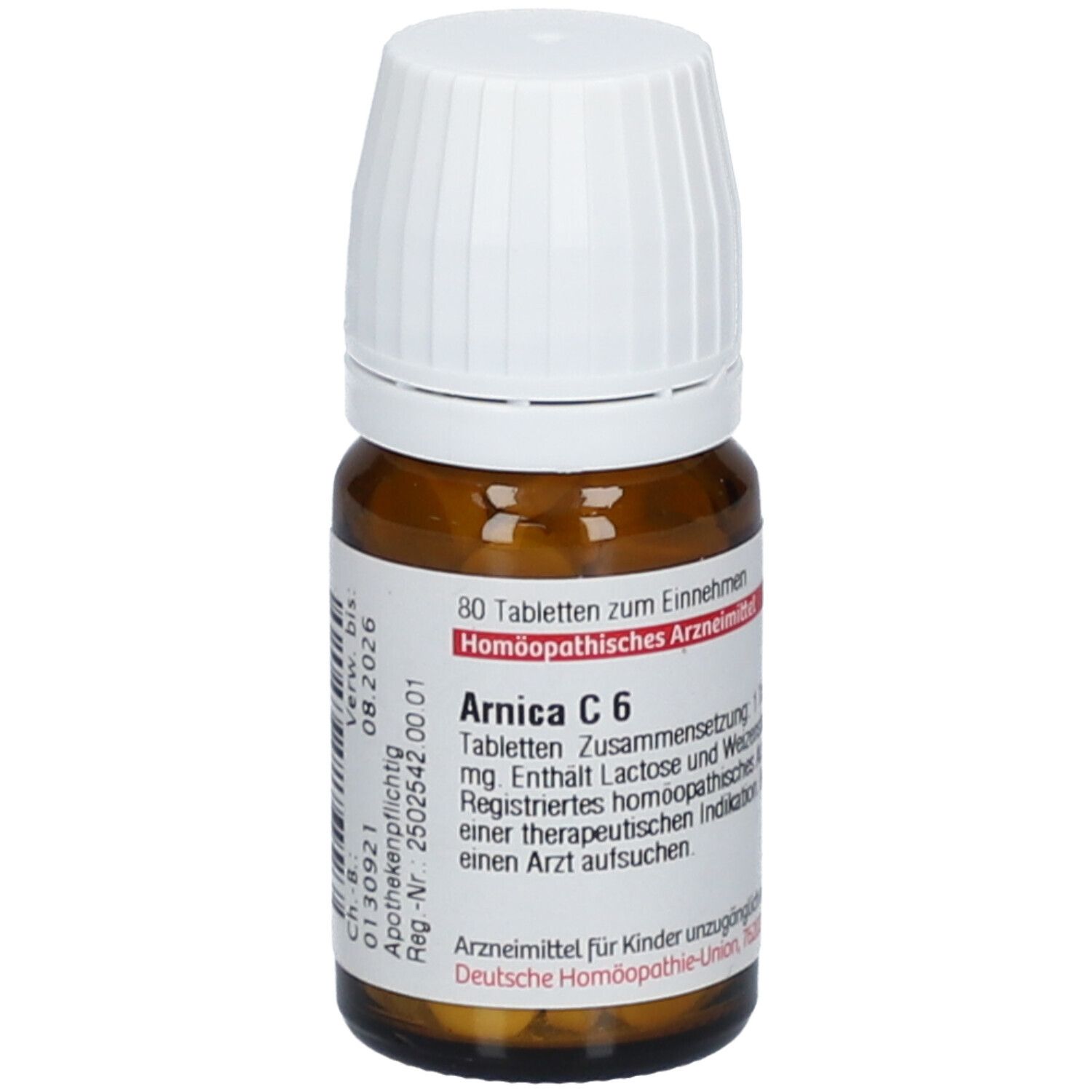 Braune Glasflasche mit weißen Deckel und Tabletten. Aufschrift: Arnica C 6, 80 Tabletten. Homöopathisches Arzneimittel.