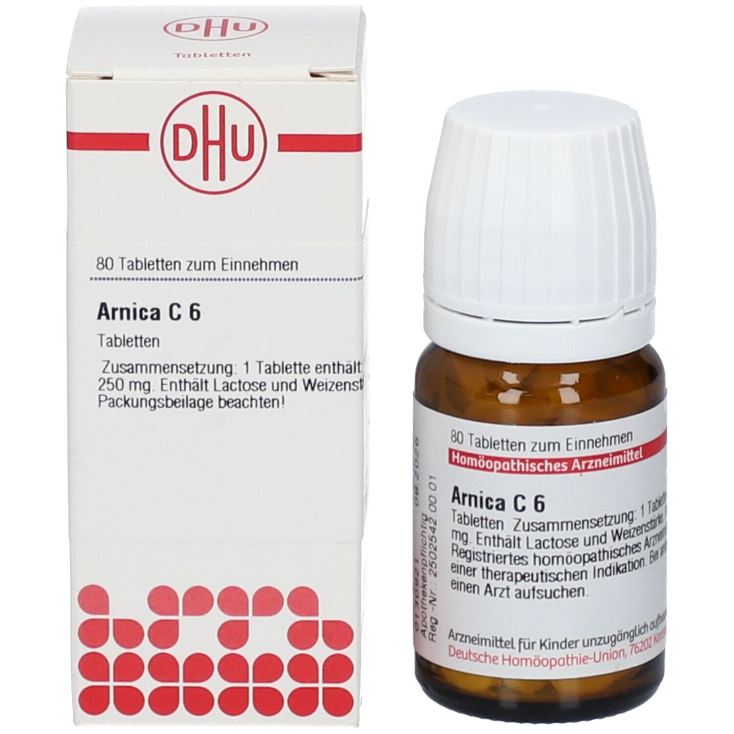 Braune Glasflasche mit weißen Deckel und Tabletten, neben einer weißen Schachtel. Aufschrift: Arnica C 6, 80 Tabletten. DHU.