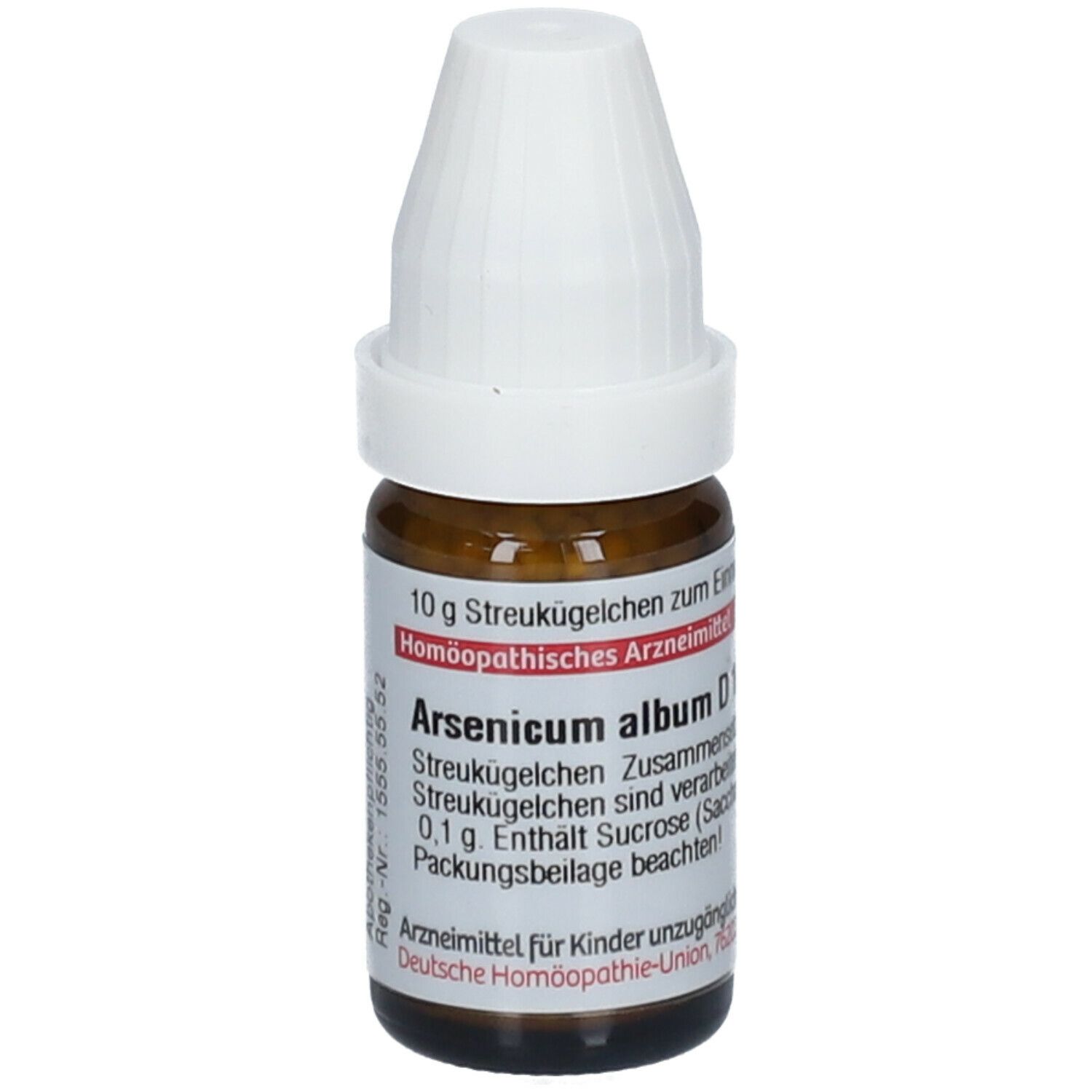 Braune Glasflasche mit weißem Deckel. Beschriftung: Arsenicum album D10, 10 g Streukügelchen.