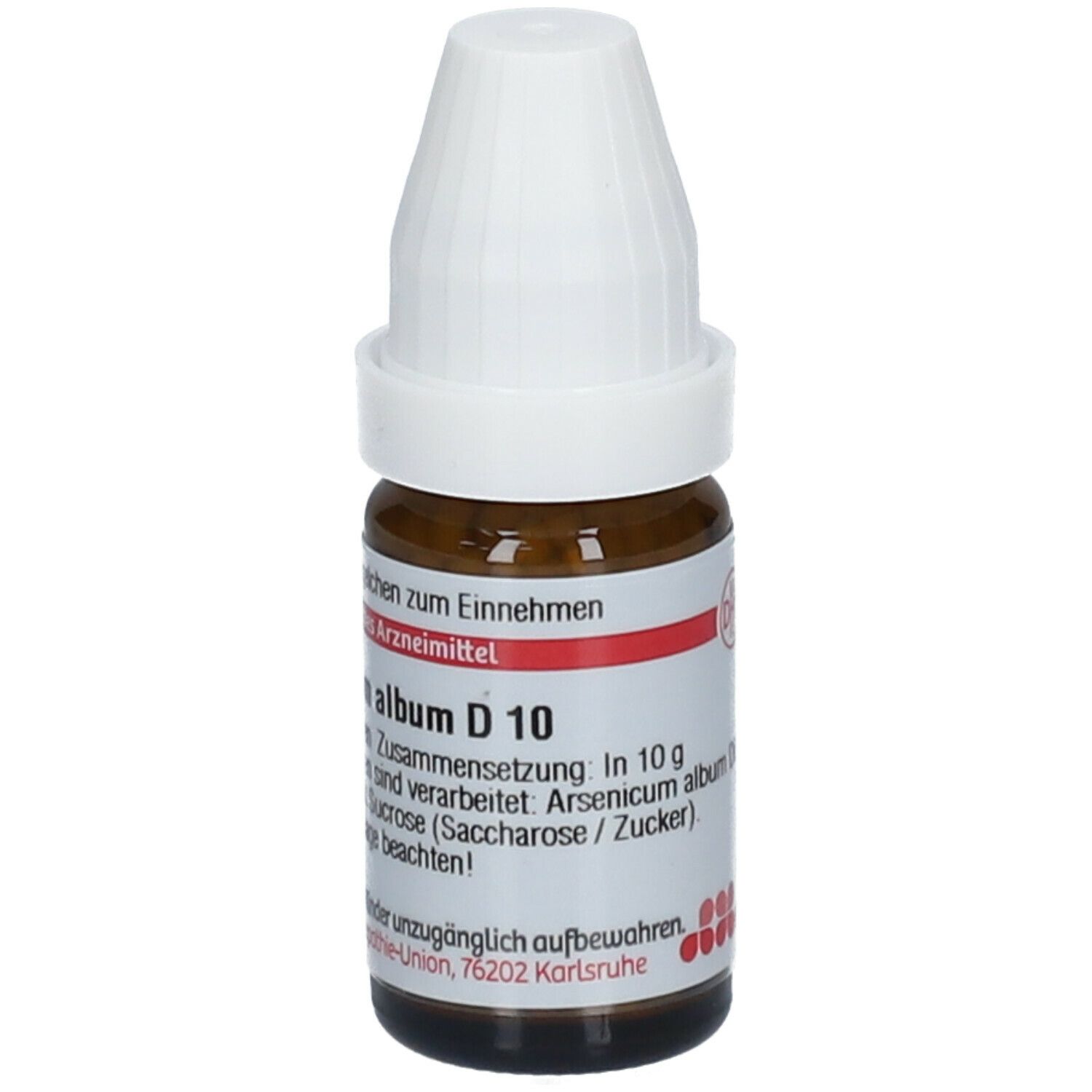 Braune Glasflasche mit weißem Deckel. Beschriftung: Arsenicum album D10, 10 g Streukügelchen.