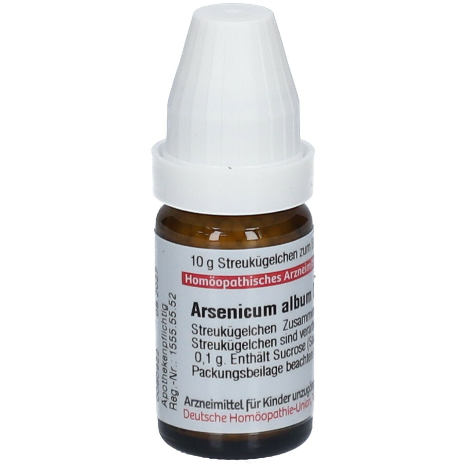 Braune Glasflasche mit weißem Deckel. Beschriftung: Arsenicum album D10, 10 g Streukügelchen.