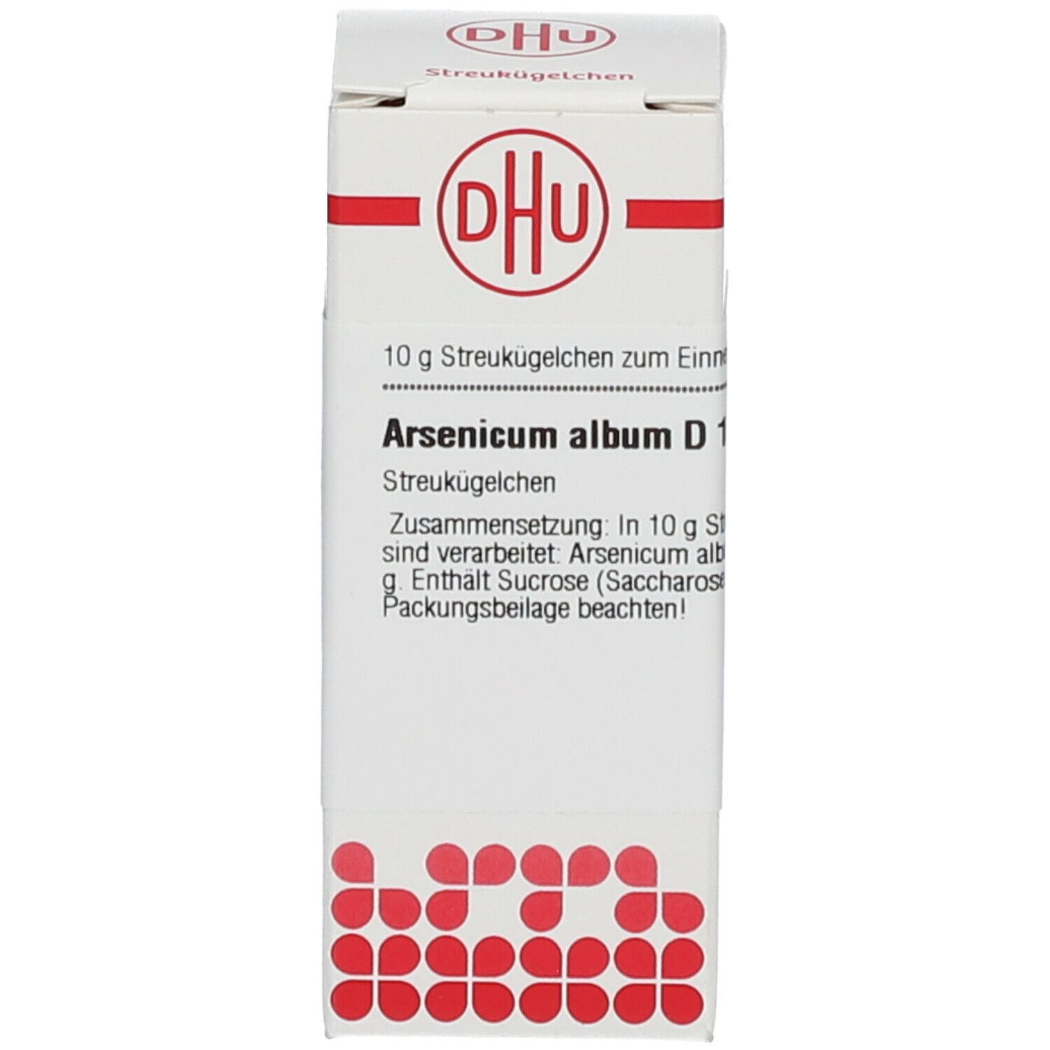 Weiße Schachtel mit rotem Logo und Beschriftung: DHU, Arsenicum album D10, 10 g Streukügelchen.