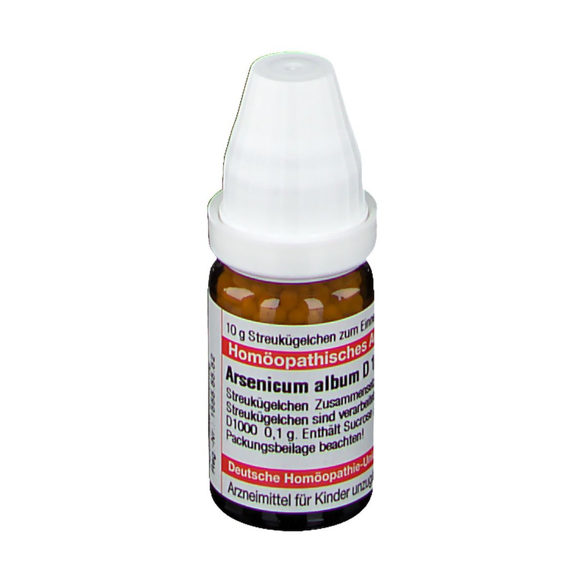 Braune Glasflasche mit weißem Deckel. Beschriftung: Arsenicum album D 1000, Homöopathisches Arzneimittel.