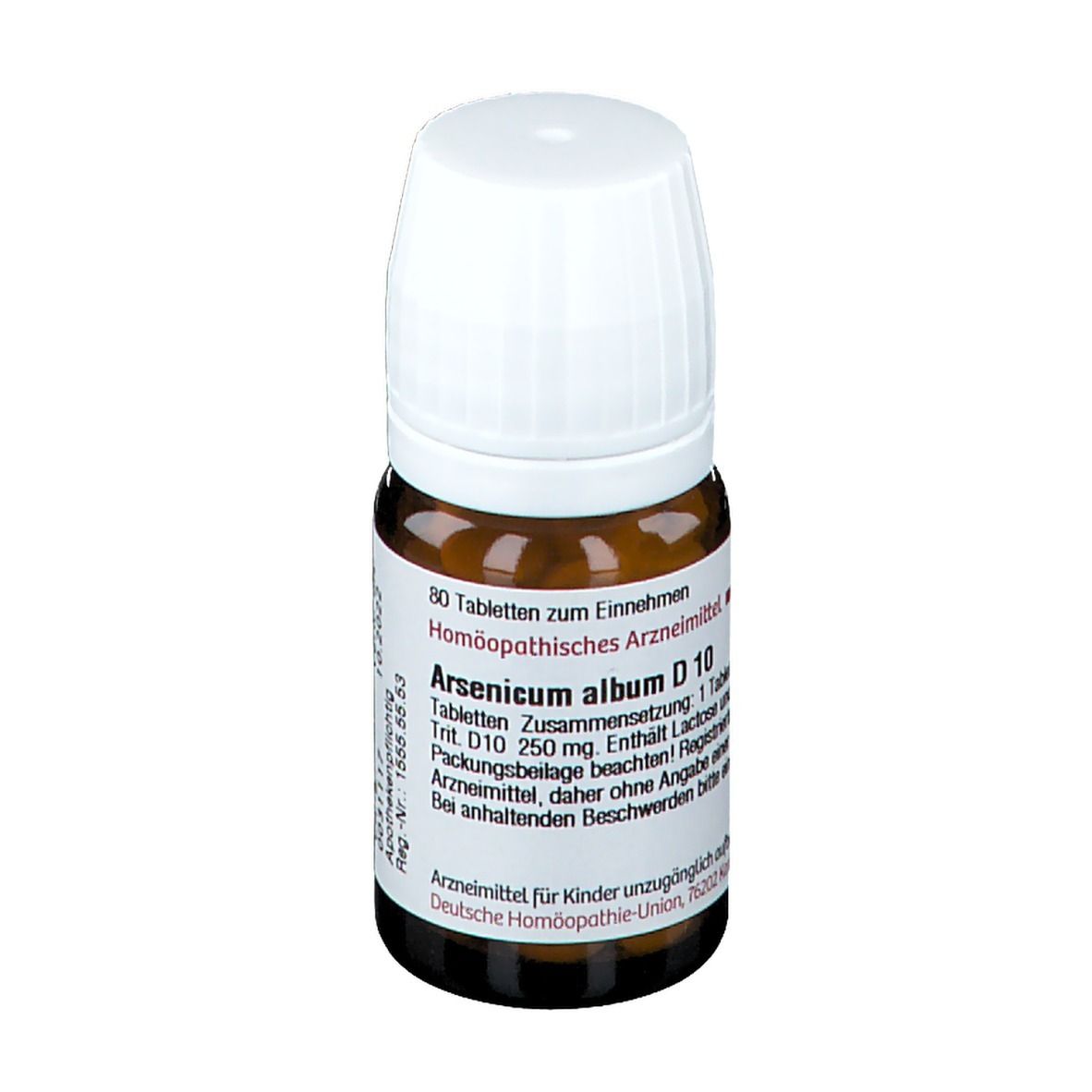 Braune Glasflasche mit weißem Deckel. Aufschrift: Arsenicum album D 10. Etikett mit Produktinformationen.