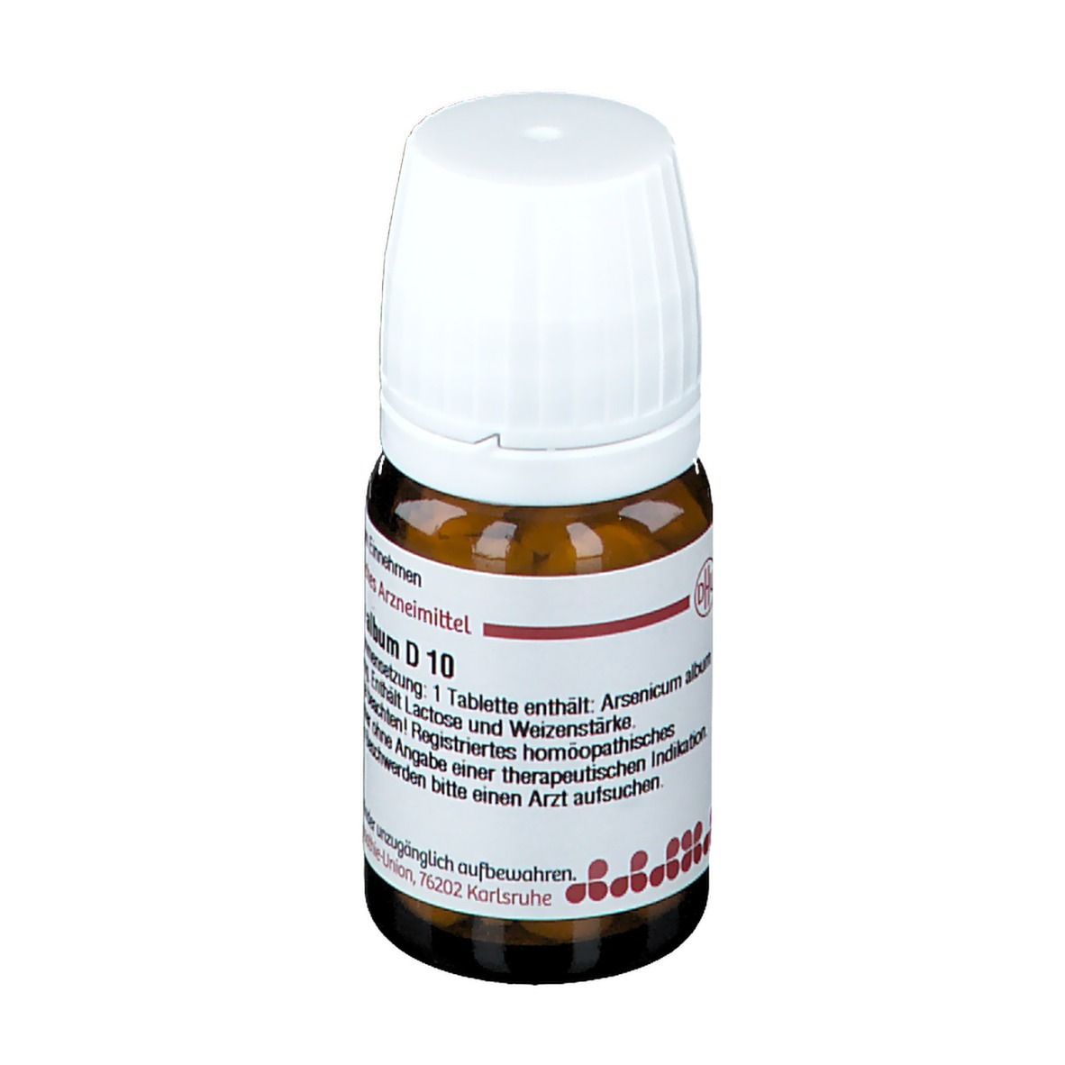 Braune Glasflasche mit weißem Deckel. Aufschrift: Arsenicum album D 10. Etikett mit Produktinformationen.