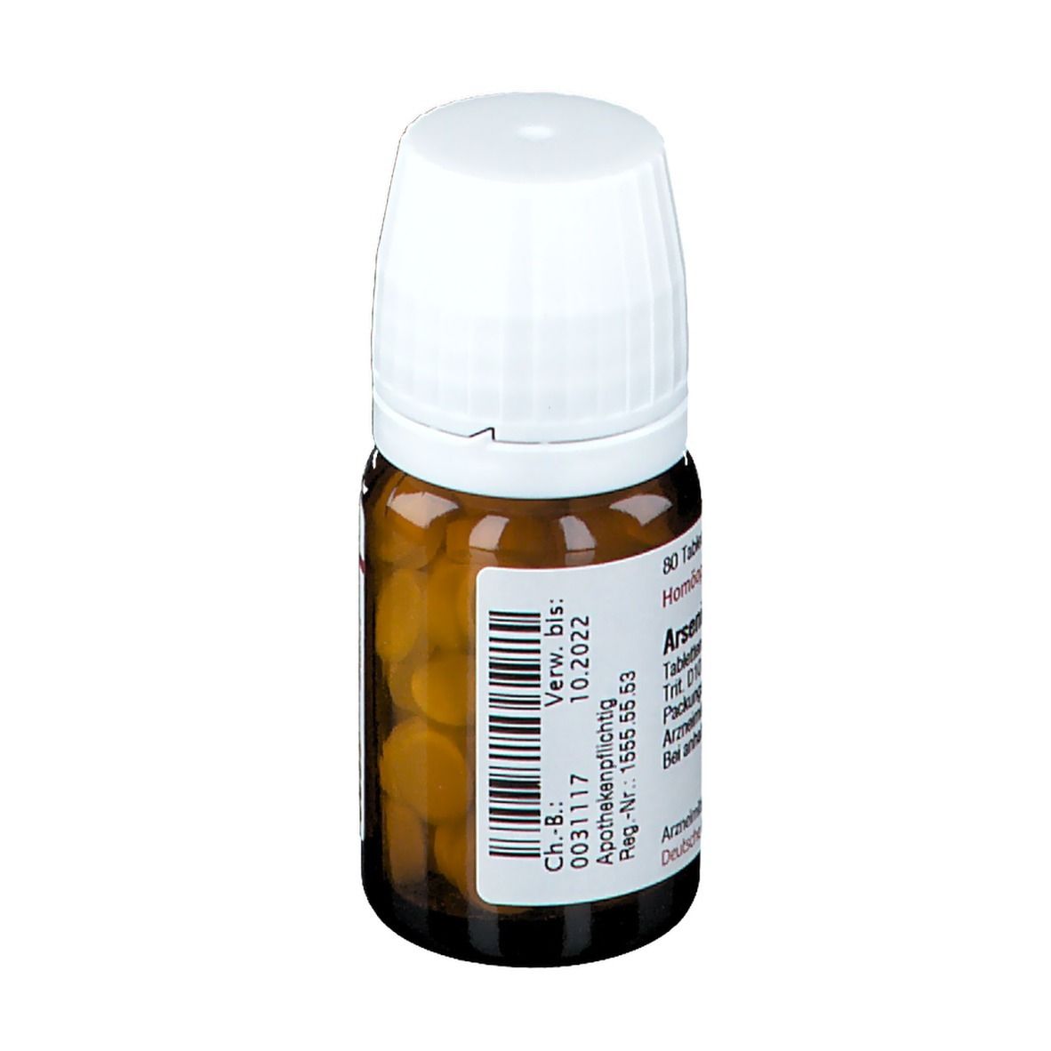 Braune Glasflasche mit weißem Deckel. Aufschrift: Arsenicum album D 10. Etikett mit Produktinformationen.