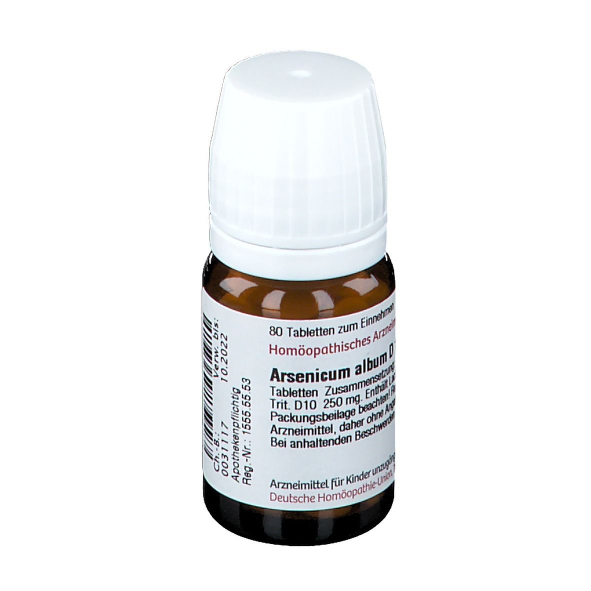 Braune Glasflasche mit weißem Deckel. Aufschrift: Arsenicum album D 10. Etikett mit Produktinformationen.