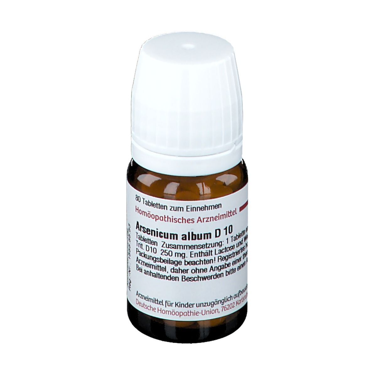 Braune Glasflasche mit weißem Deckel. Aufschrift: Arsenicum album D 10. Etikett mit Produktinformationen.