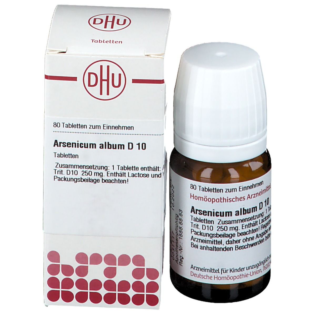 Produktflasche und Schachtel. Aufschrift: DHU, Arsenicum album D 10. Schachtel mit Produktinformationen.