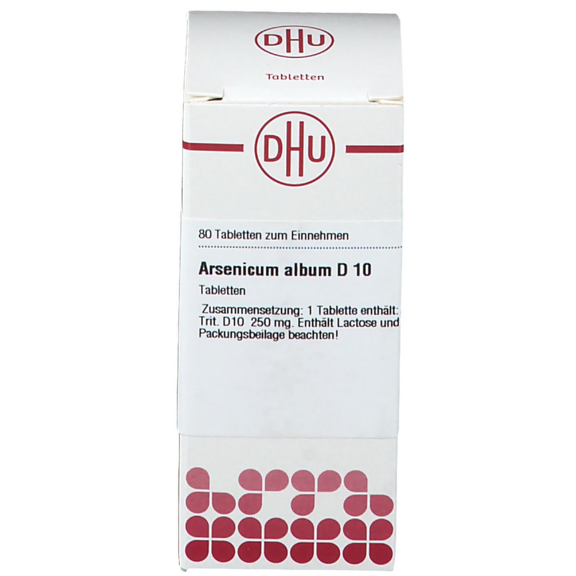 Produktbox mit Aufschrift: DHU, Arsenicum album D 10. Produktinformationen auf der Box.