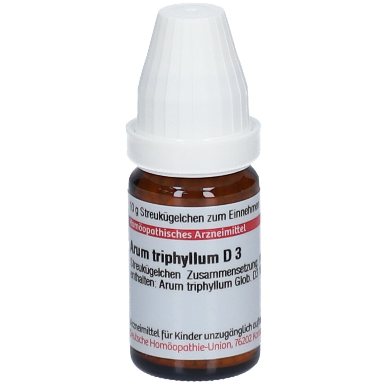 Braune Glasflasche mit weißem Deckel. Etikett mit Produktinformationen: Arum triphyllum D3, 10 g Streukügelchen. Homöopathisches Arzneimittel.