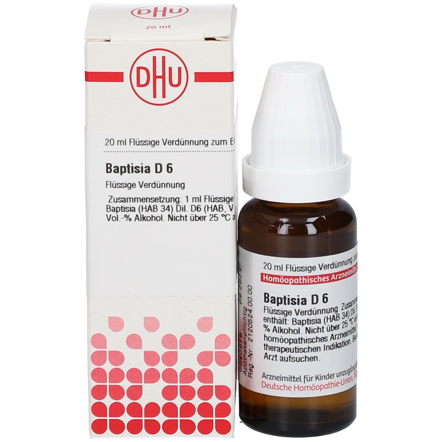 Braune Glasflasche mit weißem Verschluss neben weißer Schachtel. Auf der Schachtel: DHU Logo, Baptisia D6, 20 ml.