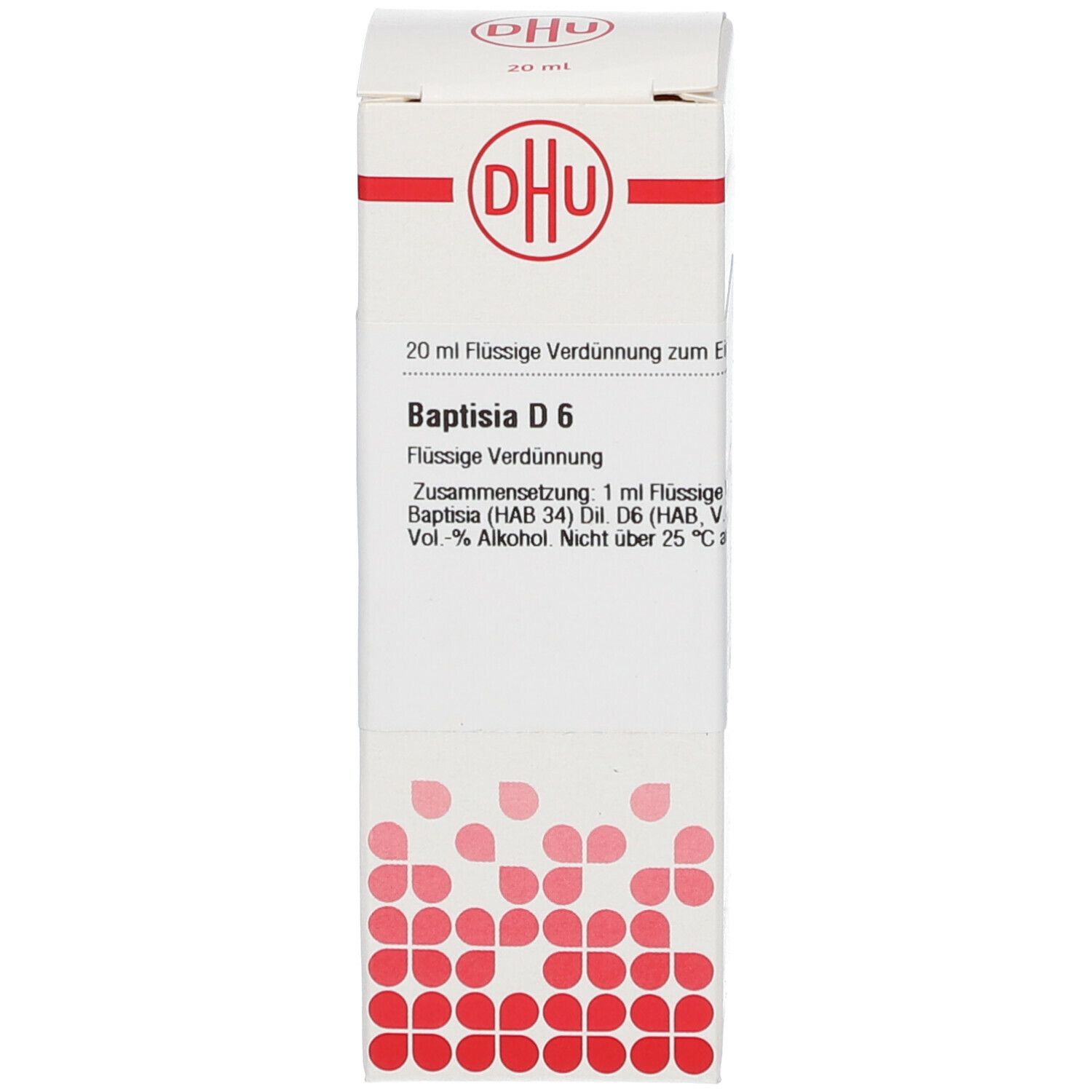 Weiße Schachtel mit DHU Logo und Text: Baptisia D6, 20 ml Flüssige Verdünnung. Apothekenpflichtig.