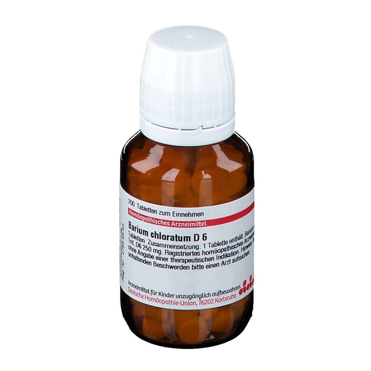 Braune Glasflasche mit weißen Deckel. Etikett mit Produktinformationen: Barium chloratum D6. Tabletten.