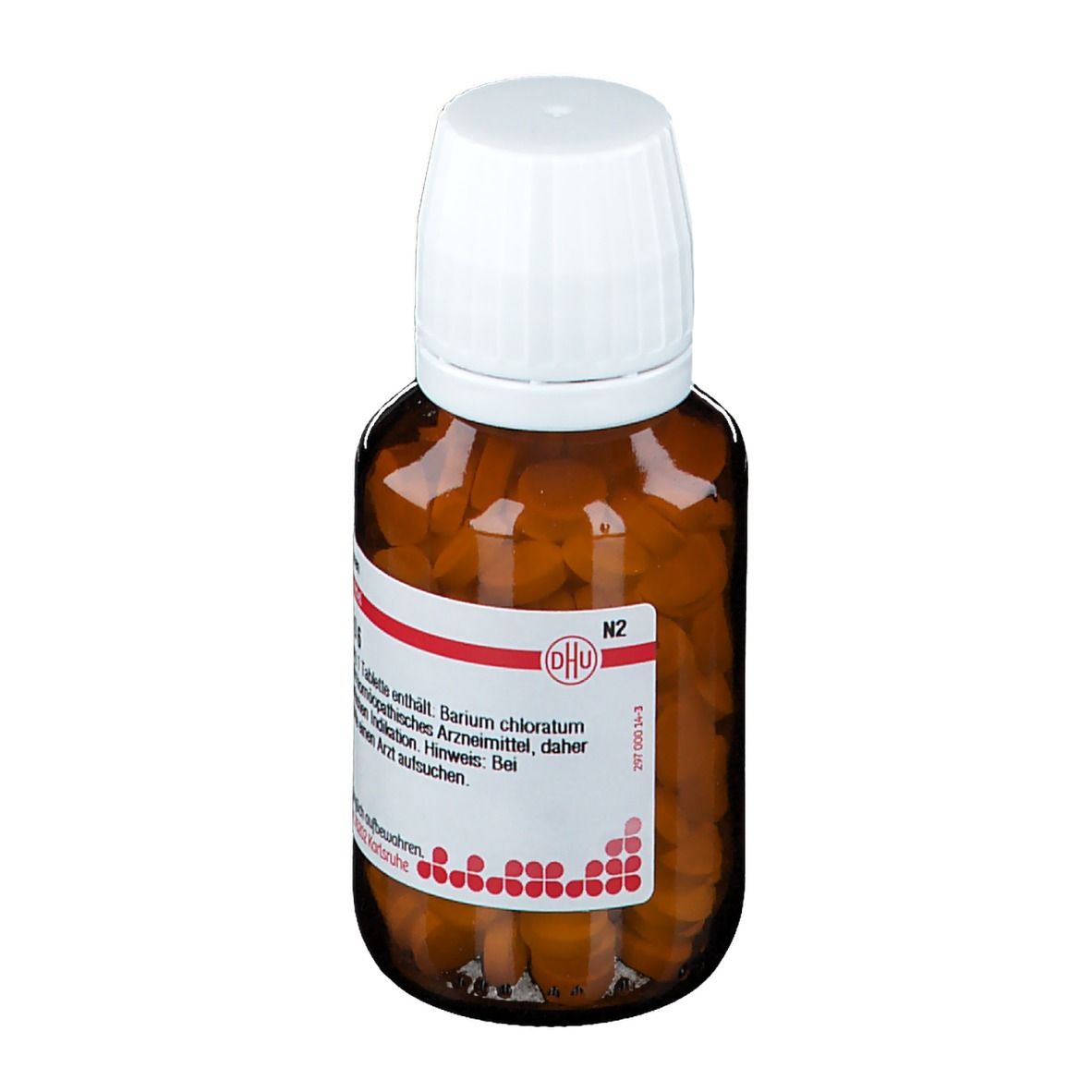 Braune Glasflasche mit weißem Deckel. Etikett mit Produktinformationen: Barium chloratum D6. Tabletten. DHU Logo.