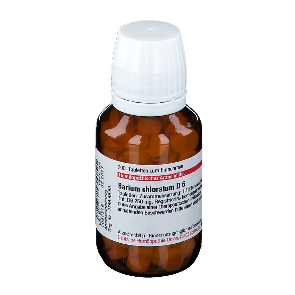 Braune Glasflasche mit weißem Deckel. Etikett mit Produktinformationen: Barium chloratum D6. Tabletten. Verfallsdatum.