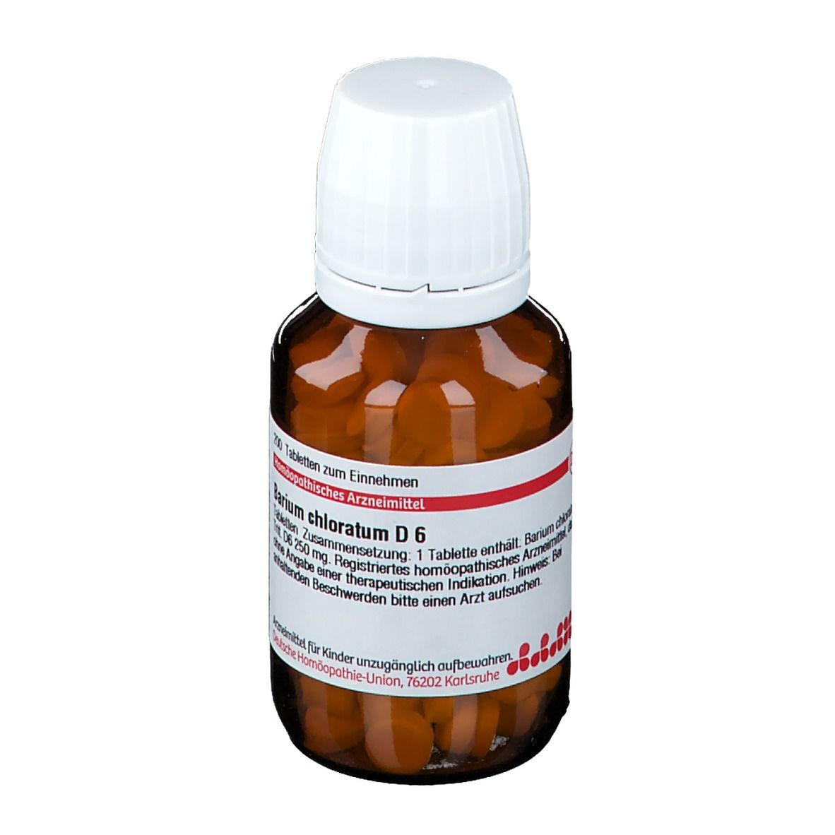 Braune Glasflasche mit weißem Deckel. Etikett mit Produktinformationen: Barium chloratum D6. Tabletten. DHU Logo.