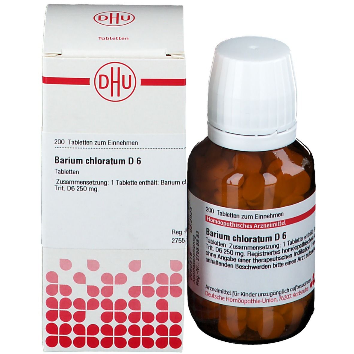 Produktverpackung mit Flasche und Karton. Flasche: Barium chloratum D6. Karton: DHU Logo, Produktname, Tabletten.