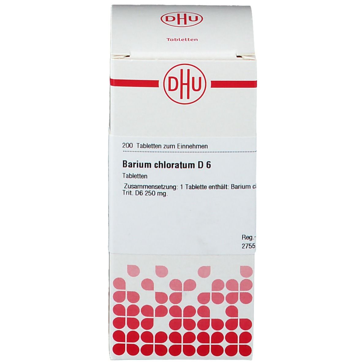 Produktverpackung. Weißer Karton mit DHU Logo und Produktinformationen: Barium chloratum D6. Tabletten.