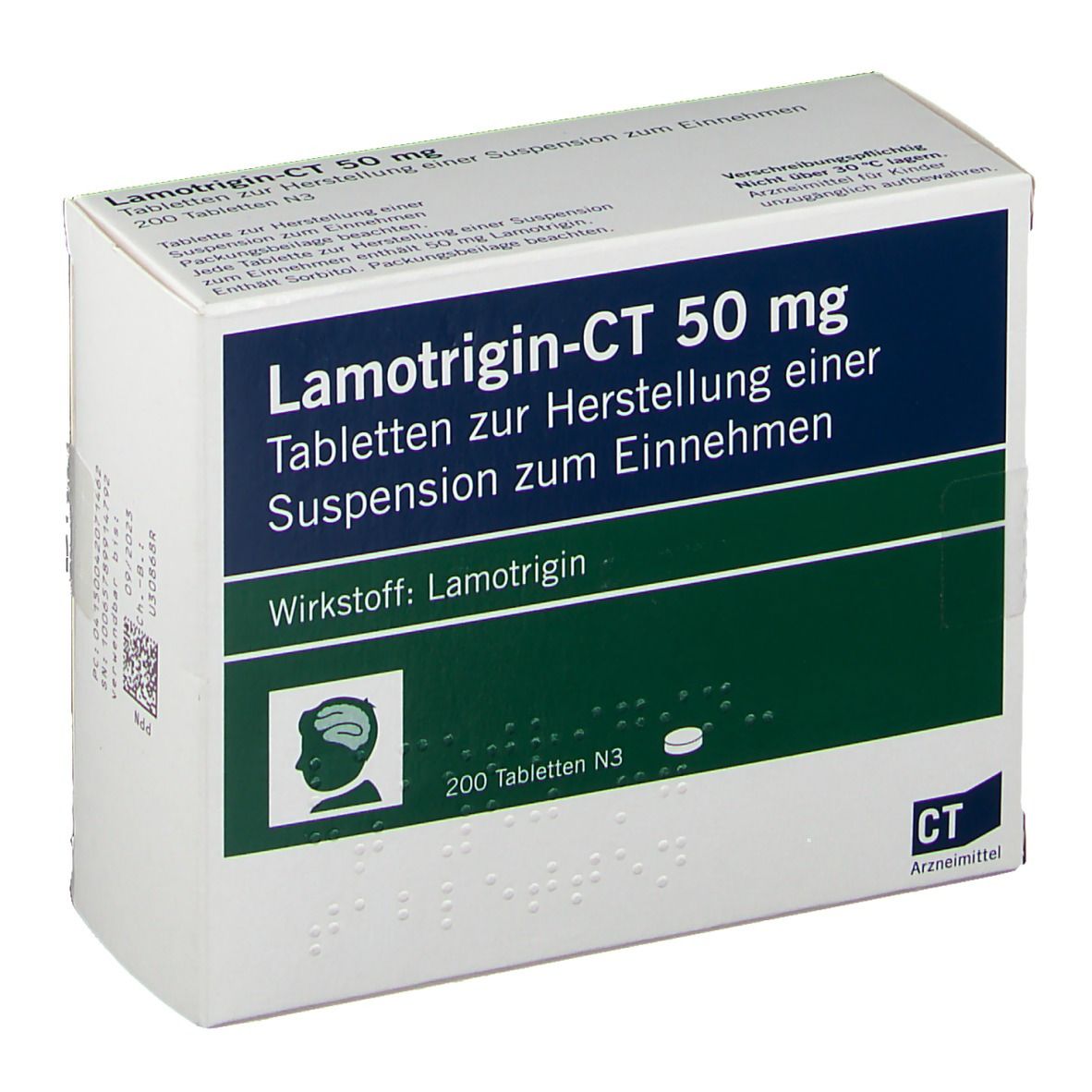 Schachtel mit Lamotrigin-CT 50 mg Tabletten. Aufschrift: Tabletten zur Herstellung einer Suspension zum Einnehmen. 200 Tabletten N3.