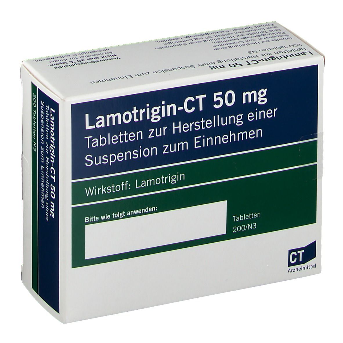 Schachtel mit Lamotrigin-CT 50 mg Tabletten. Aufschrift: Tabletten zur Herstellung einer Suspension zum Einnehmen. 200 Tabletten N3.