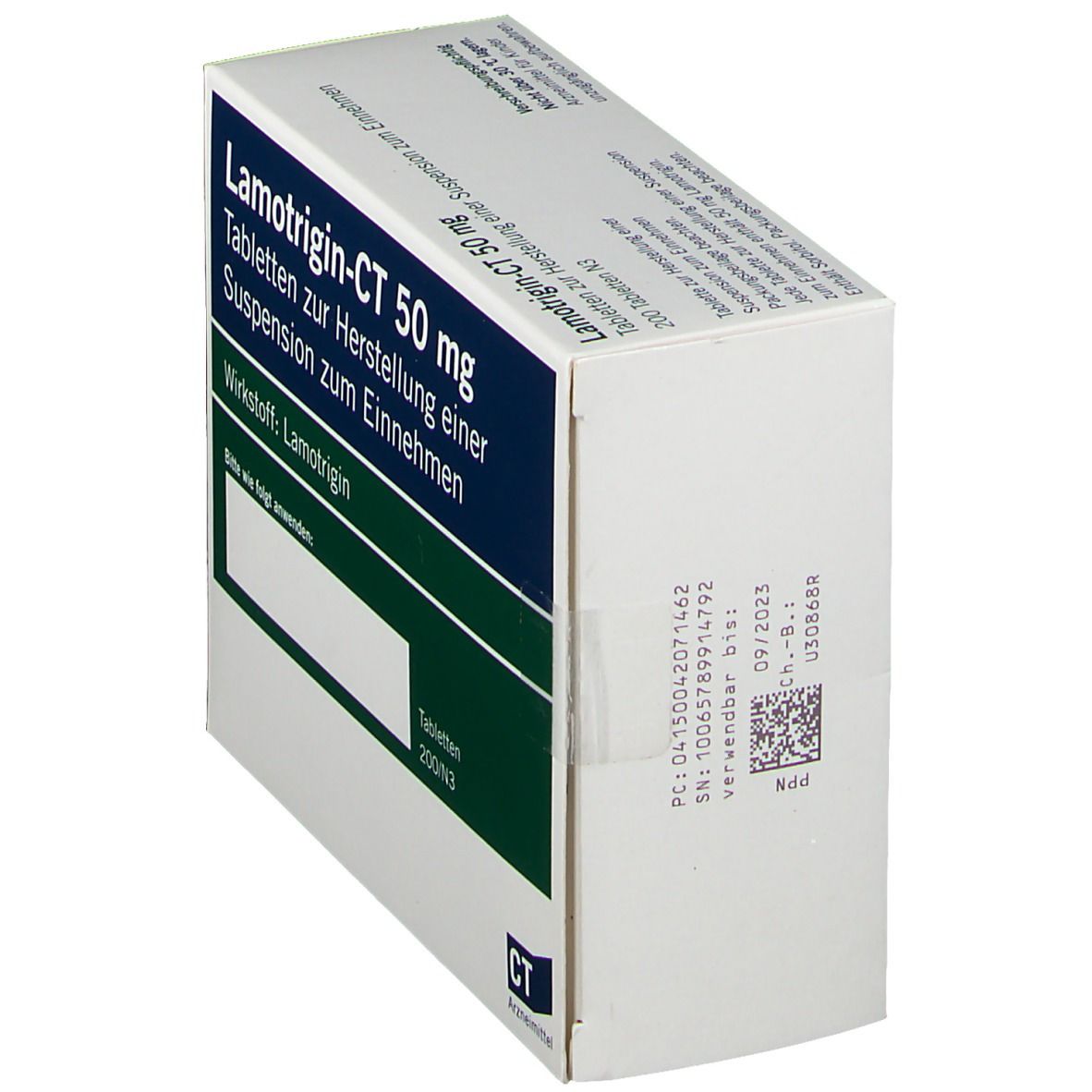 Schachtel mit Lamotrigin-CT 50 mg Tabletten. Aufschrift: Tabletten zur Herstellung einer Suspension zum Einnehmen. 200 Tabletten N3.