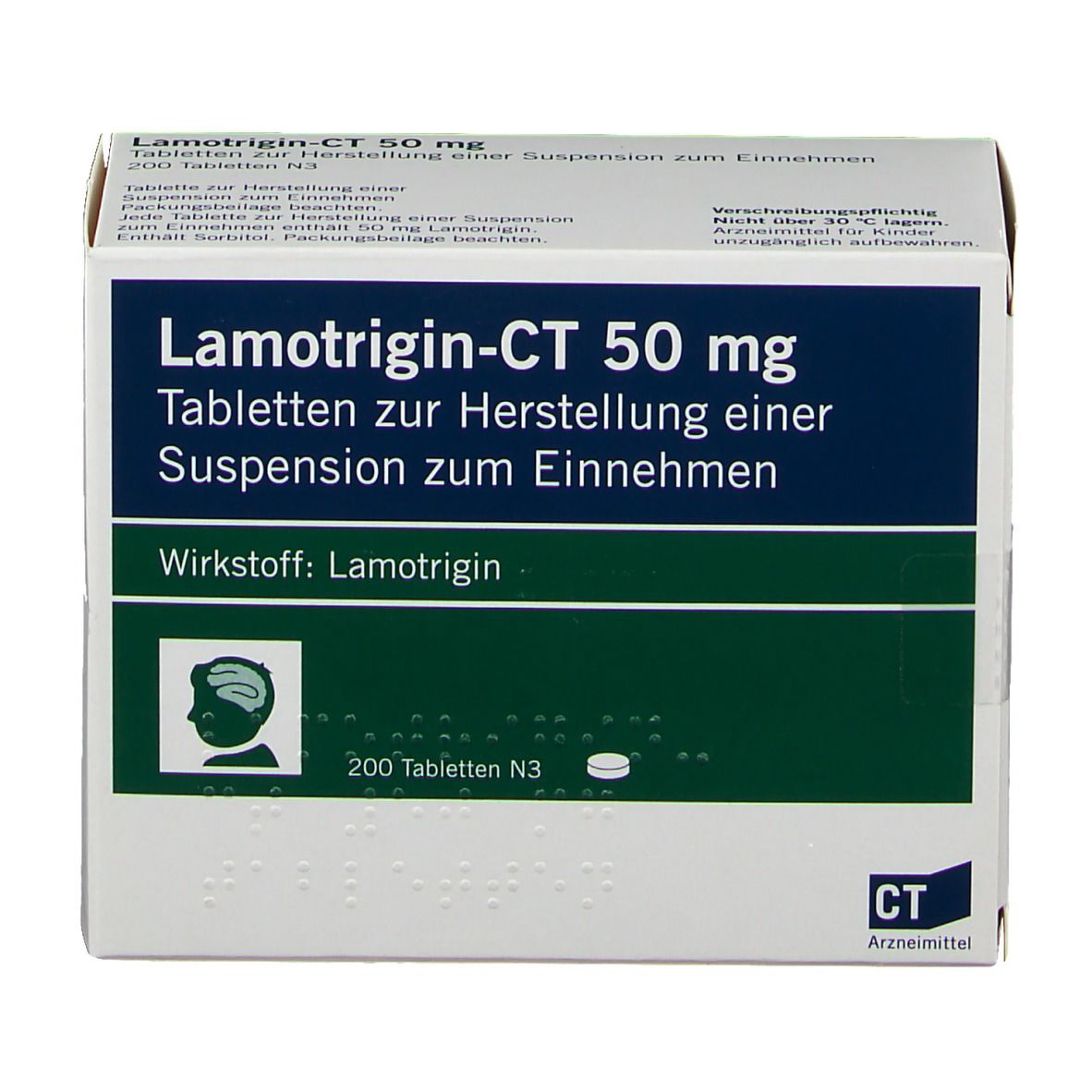 Schachtel mit Lamotrigin-CT 50 mg Tabletten. Aufschrift: Tabletten zur Herstellung einer Suspension zum Einnehmen. 200 Tabletten N3.