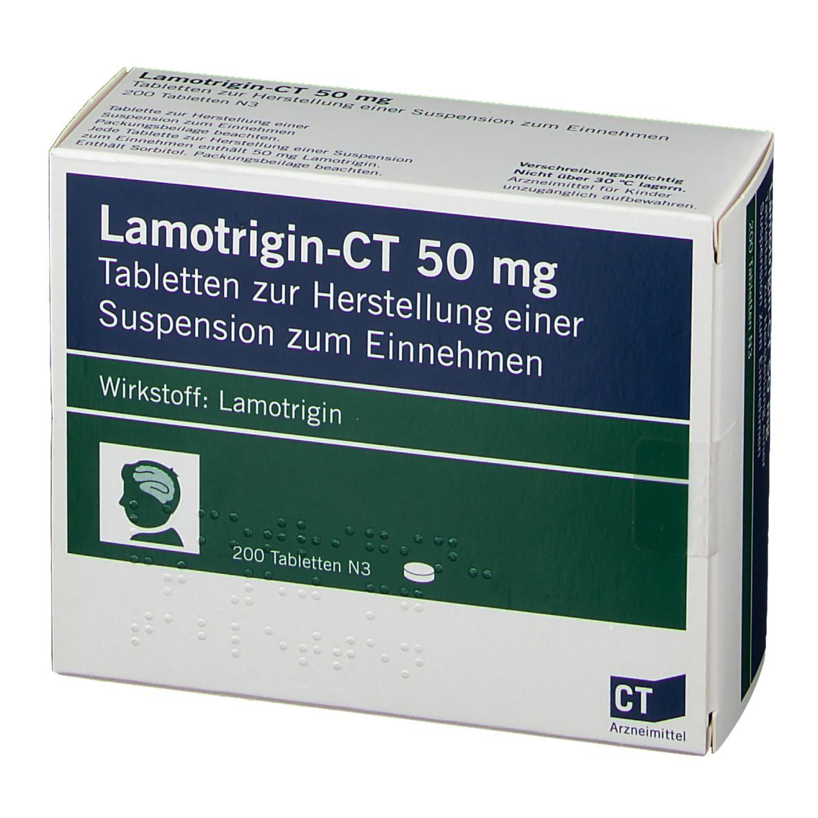 Schachtel mit Lamotrigin-CT 50 mg Tabletten. Aufschrift: Tabletten zur Herstellung einer Suspension zum Einnehmen. 200 Tabletten N3.