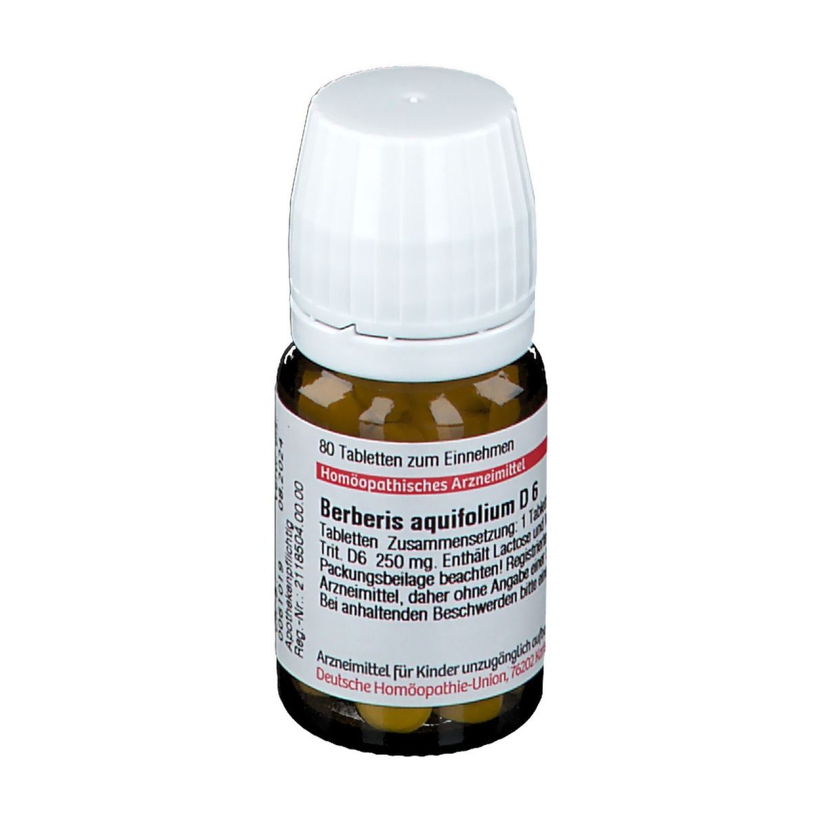 Braune Glasflasche mit weißem Deckel. Etikett mit Produktinformationen: Berberis aquifolium D6, 80 Tabletten.